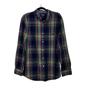 Chaps Mens Easy Care Plaid Button Down Shirt Purple Green Navy Long Sleeve Large
